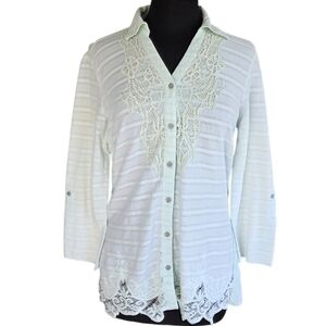 Reba Western Boho Chic Light Green Button Down Shirt with Lace Detail